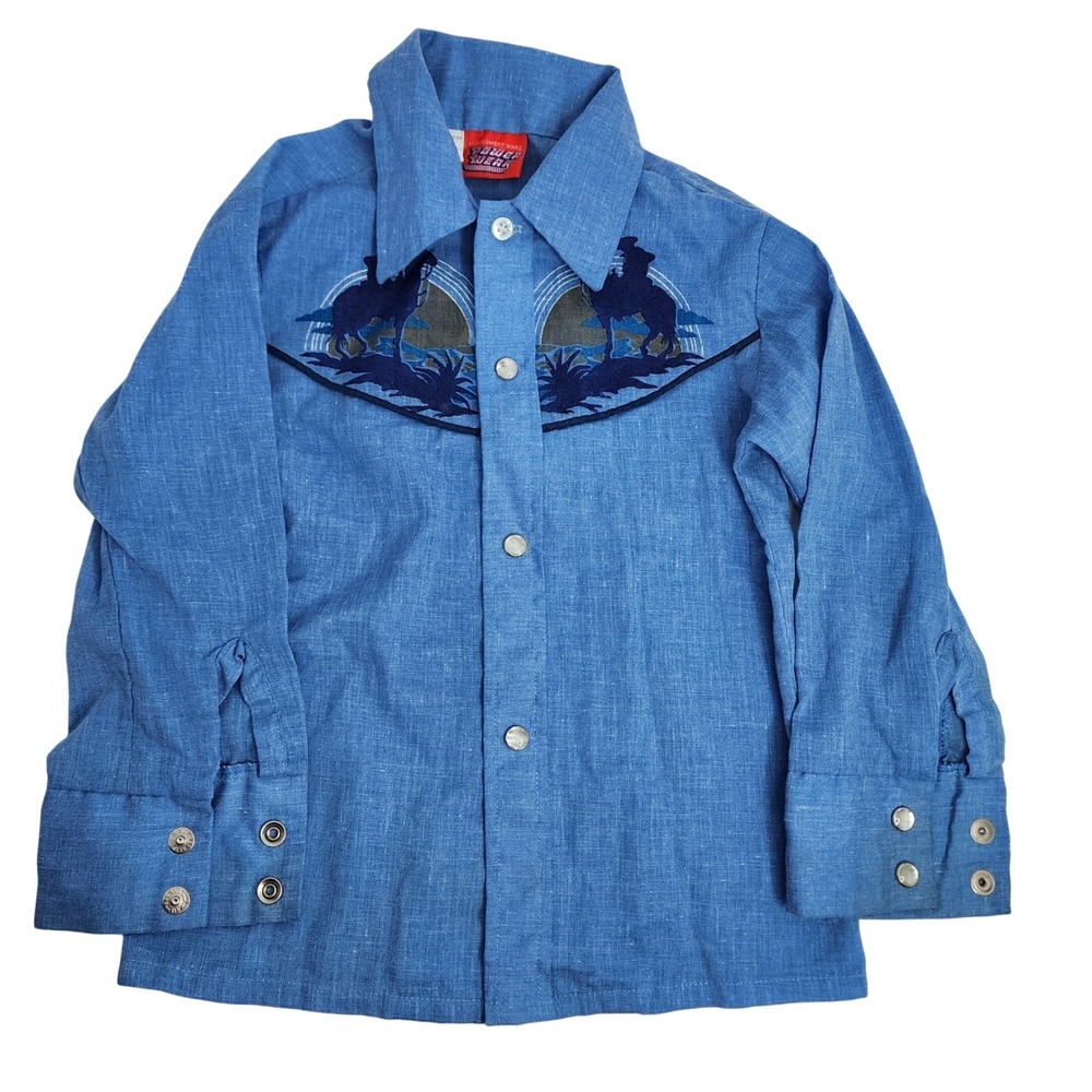 Montgomery Ward Power Wear Western Shirt Kids Size 5 Blue Cowboy Snap Button
